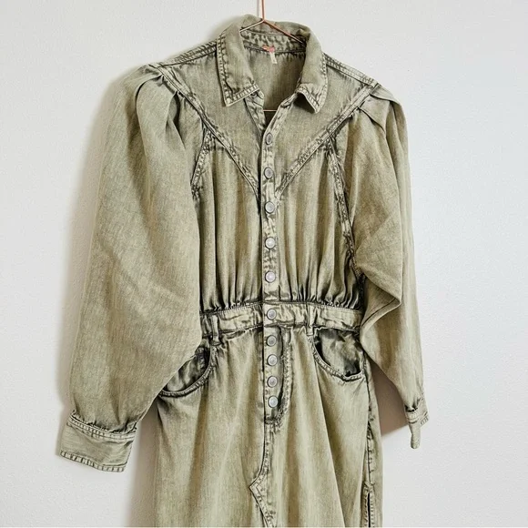Free People Sage Denim Midi Dress Light Khaki Long Sleeve